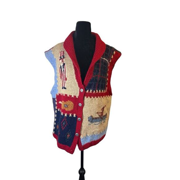 Vintage 1992 Eddie Bauer Wool Sweater Vest L Patriotic Americana Knit USA Flag C - Picture 1 of 9